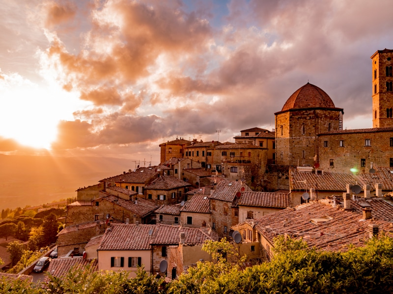 Panorama of the city of volterra at sunset